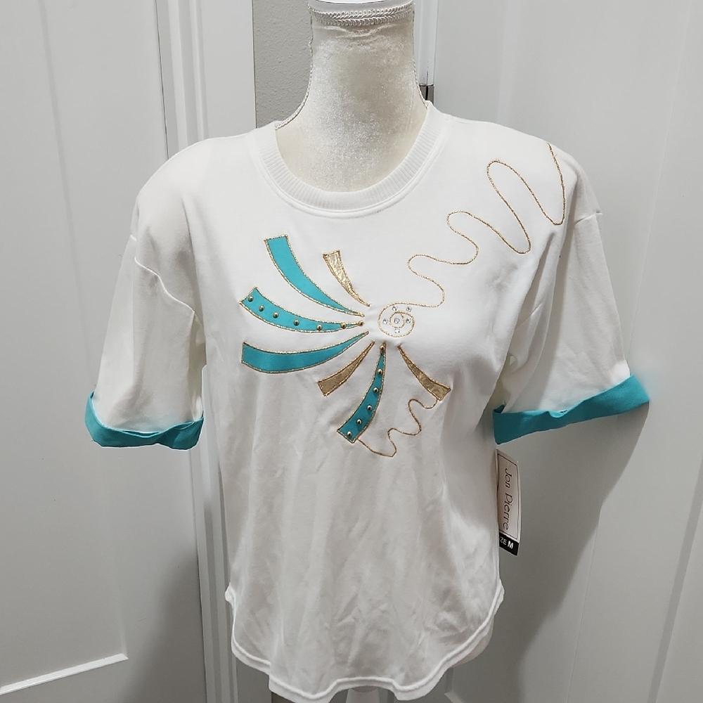 Vintage Embellished White and Teal Women's Top Medium NWT